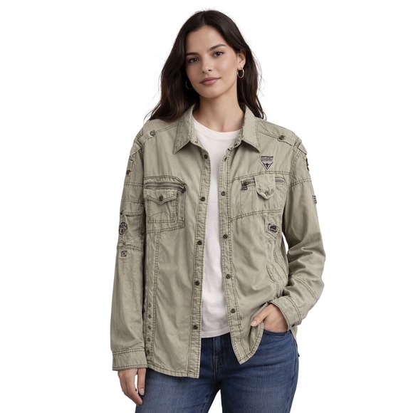 Fusai Tops - FUSAI Womens Olive Green Utility Pocket Patch Long Sleeve Button Up Shirt Size L